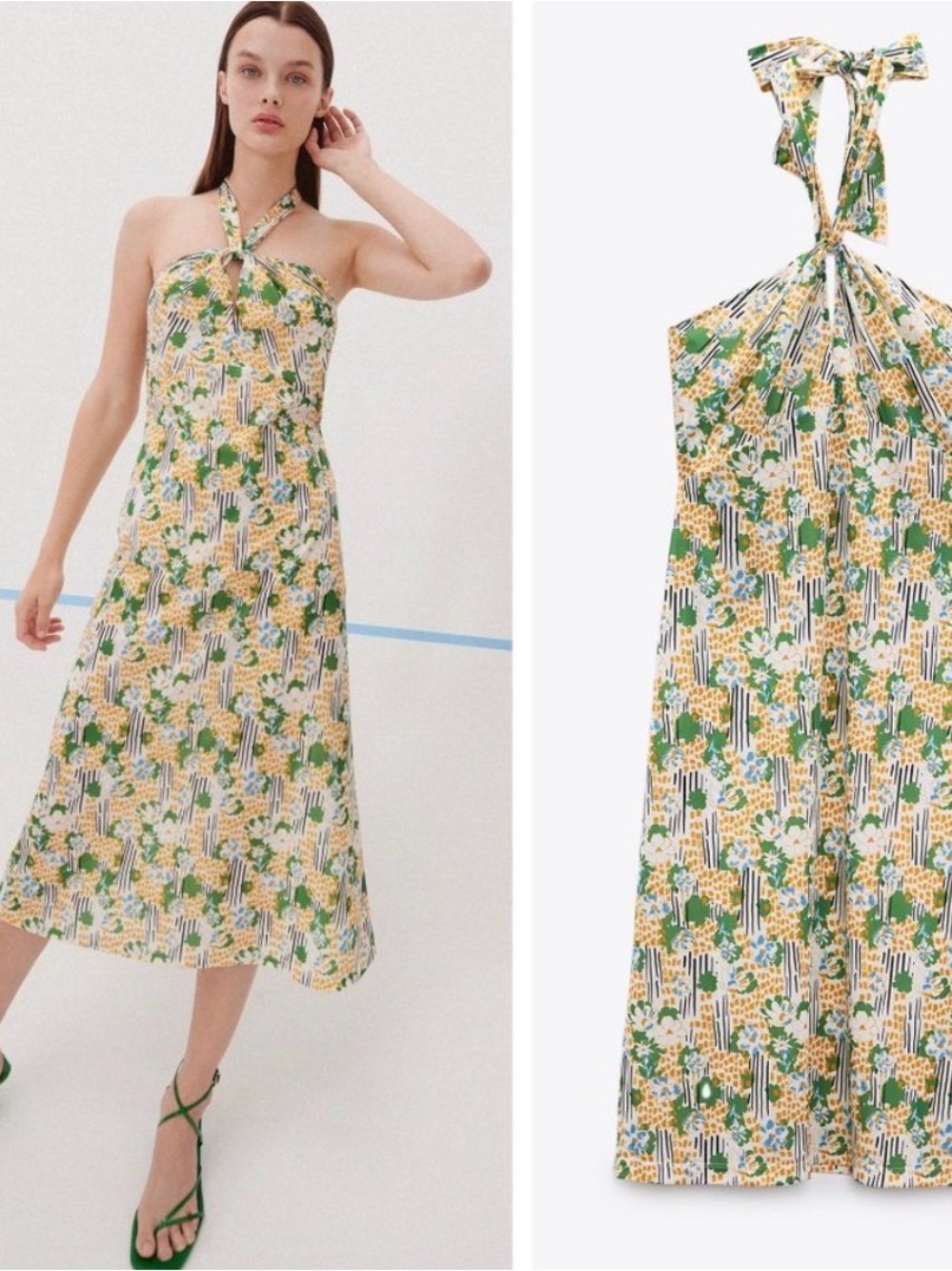 Zara Green & Yellow Floral Halter Midi Dress